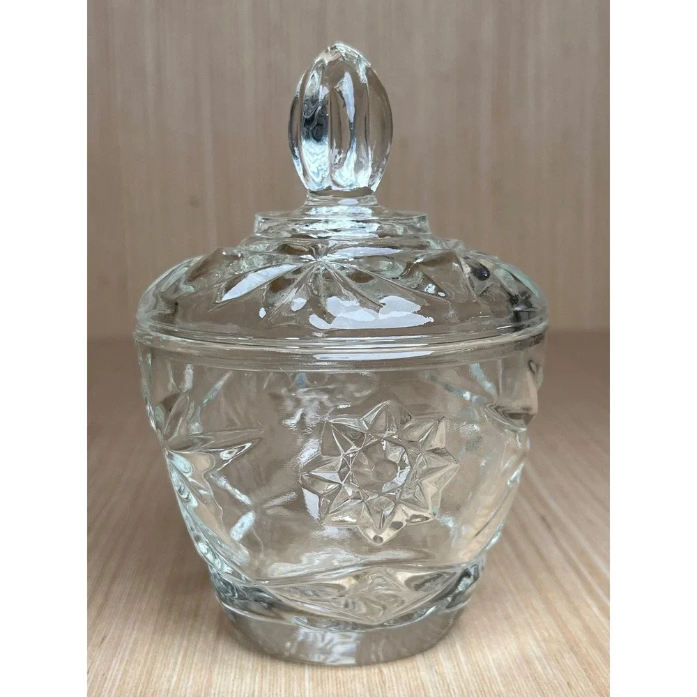 Vintage Anchor Hocking Clear Pressed Glass Starburst Lidded Sugar Bowl MCM